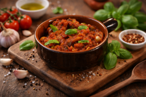 caponata siciliana vista dall'alto con melanzane olive capperi e sedano